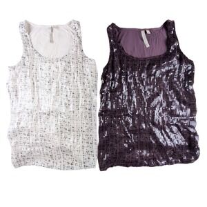 Lot Of 2 New York And Company Streetwear Sequin Racer Back Tanks White Purple Sm